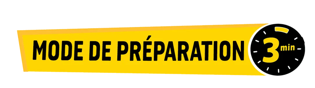 Instructions de préparation Banzaï Noodle, cuisson rapide en 3 minutes, visuel jaune avec icône de minuterie