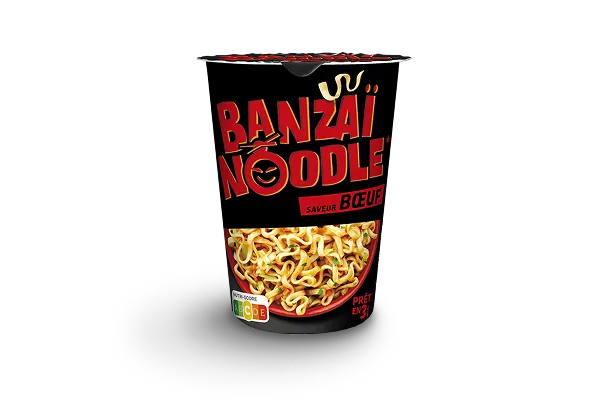 Banzaï Noodle saveur bœuf, nouilles instantanées prêtes en 3 minutes, pot rouge avec visuel appétissant et infos nutritionnelles