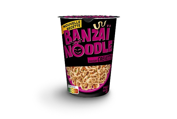 Nouvelle recette Banzaï Noodle saveur crevette, nouilles instantanées prêtes en 3 minutes, pot rose avec visuel appétissant et infos nutritionnelles
