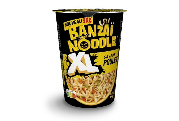 Nouveau Banzai Noodle XL 90g saveur poulet, pot de nouilles instantanées avec visuel appétissant et infos nutritionnelles