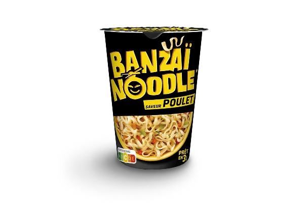 Nouilles instantanées Banzaï Noodle en cup, saveur poulet, prêtes en 3 minutes, avec image de nouilles et informations nutritionnelles