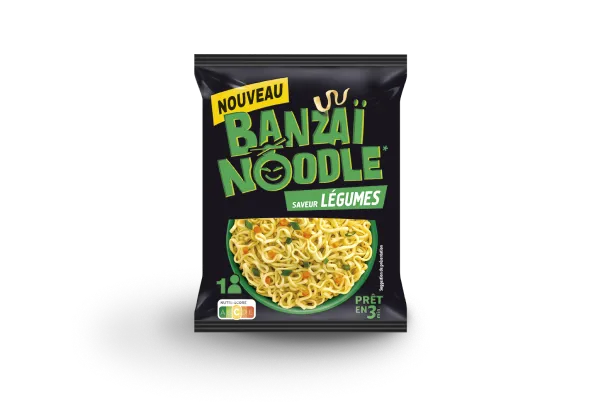 Nouveau Banzaï Noodle saveur légumes, nouilles instantanées prêtes en 3 minutes, format individuel avec infos nutritionnelles