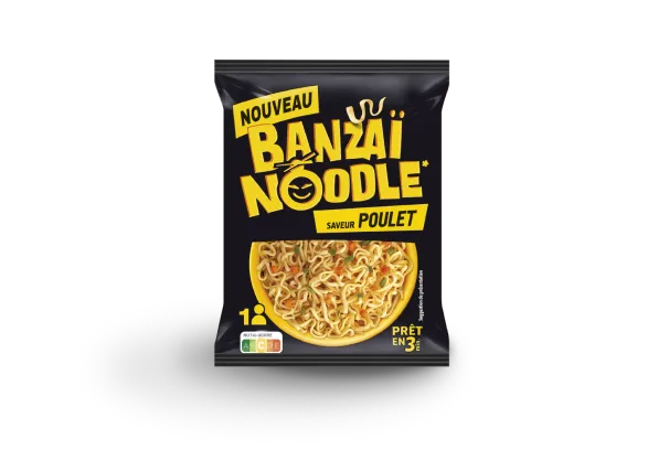 Nouilles instantanées Banzaï Noodle saveur poulet, prêt en 3 minutes, nouveau produit en sachet individuel avec visuel de bol de nouilles